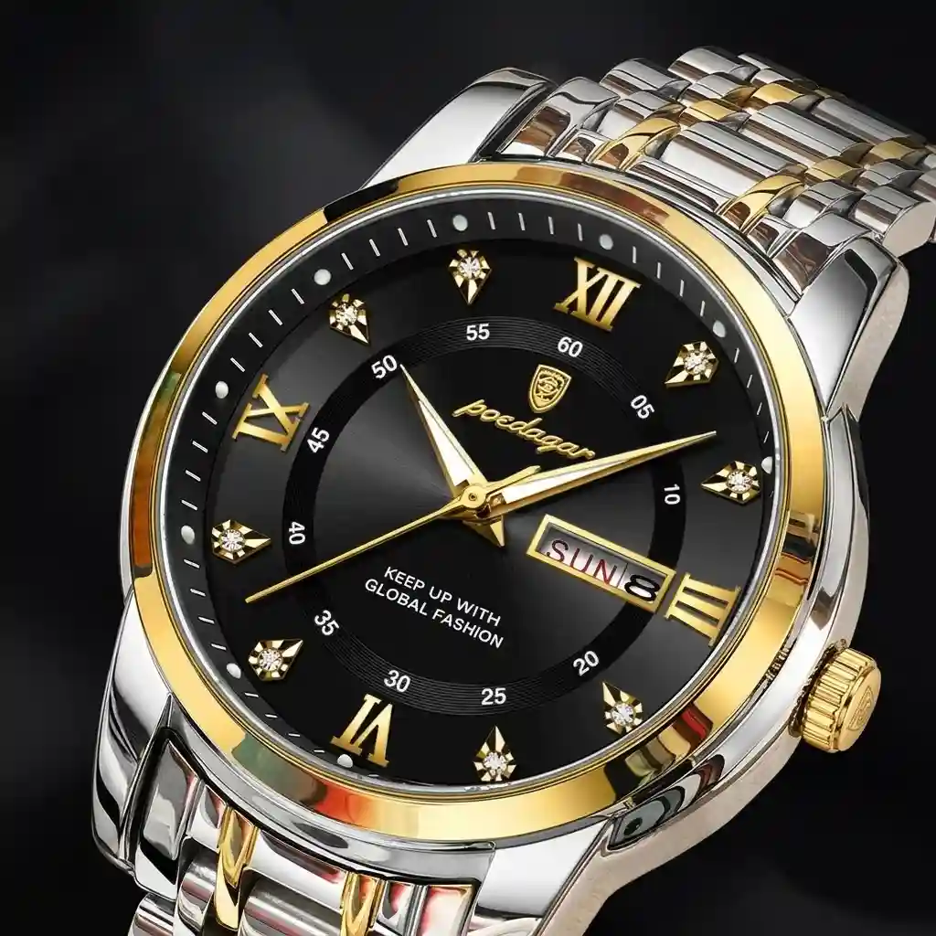 POEDAGAR 936 men's watch – black dial golden bezel silver-gold steel strap | পুরুষদের ঘড়ি